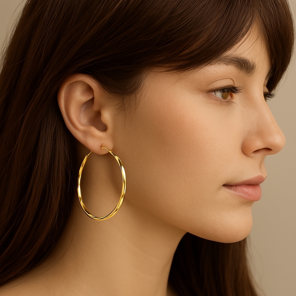 Gold-Tone Twisted Metal Hoop Earrings – 2.75" Bold Statement Latch-Back Hoops